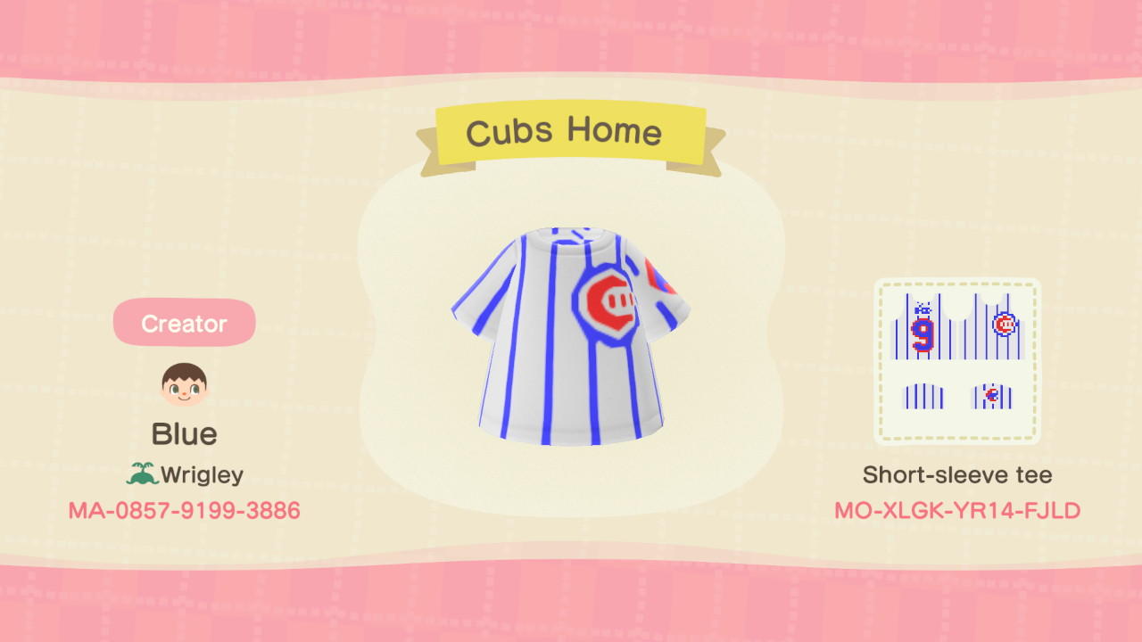 Animal Crossing Design Code: MO-XLGK-YR14-FJLD Cubs Home Jersey