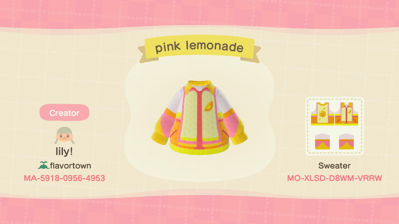 Animal Crossing Design Code: MO-XLSD-D8WM-VRRW Pink Lemonade