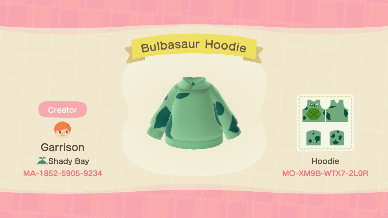 Animal Crossing Design Code: MO-XM9B-WTX7-2L0R Bulbasaur Hoodie