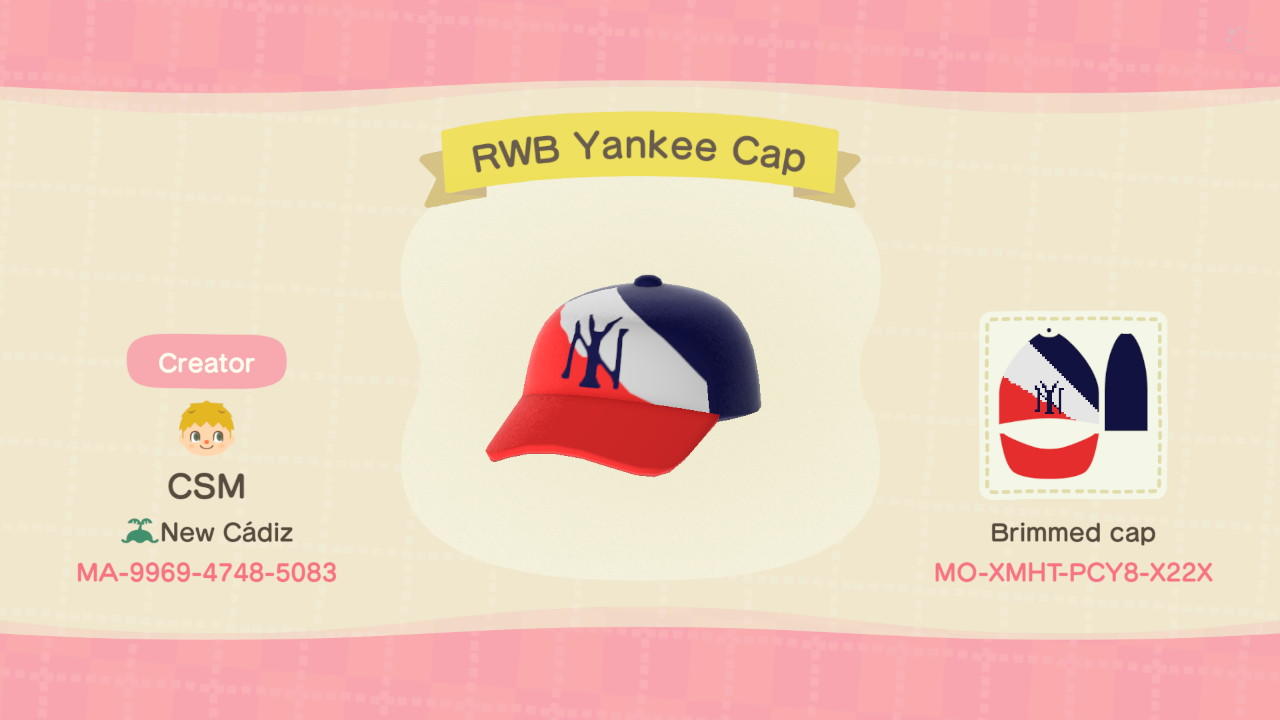 Animal Crossing Design Code: MO-XMHT-PCY8-X22X RWB Yankees Hat