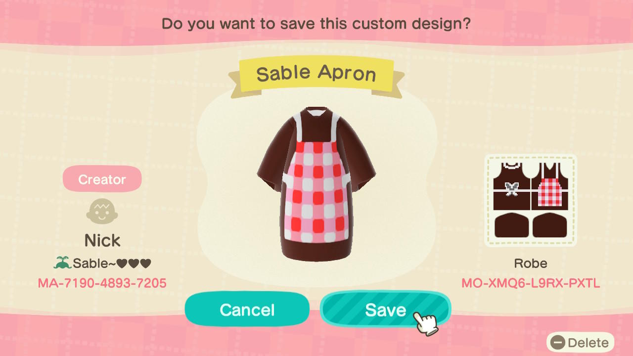 Animal Crossing Design Code: MO-XMQ6-L9RX-PXTL Sable Apron