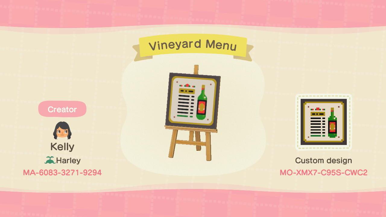 Animal Crossing Design Code: MO-XMX7-C95S-CWC2 Vineyard Menu
