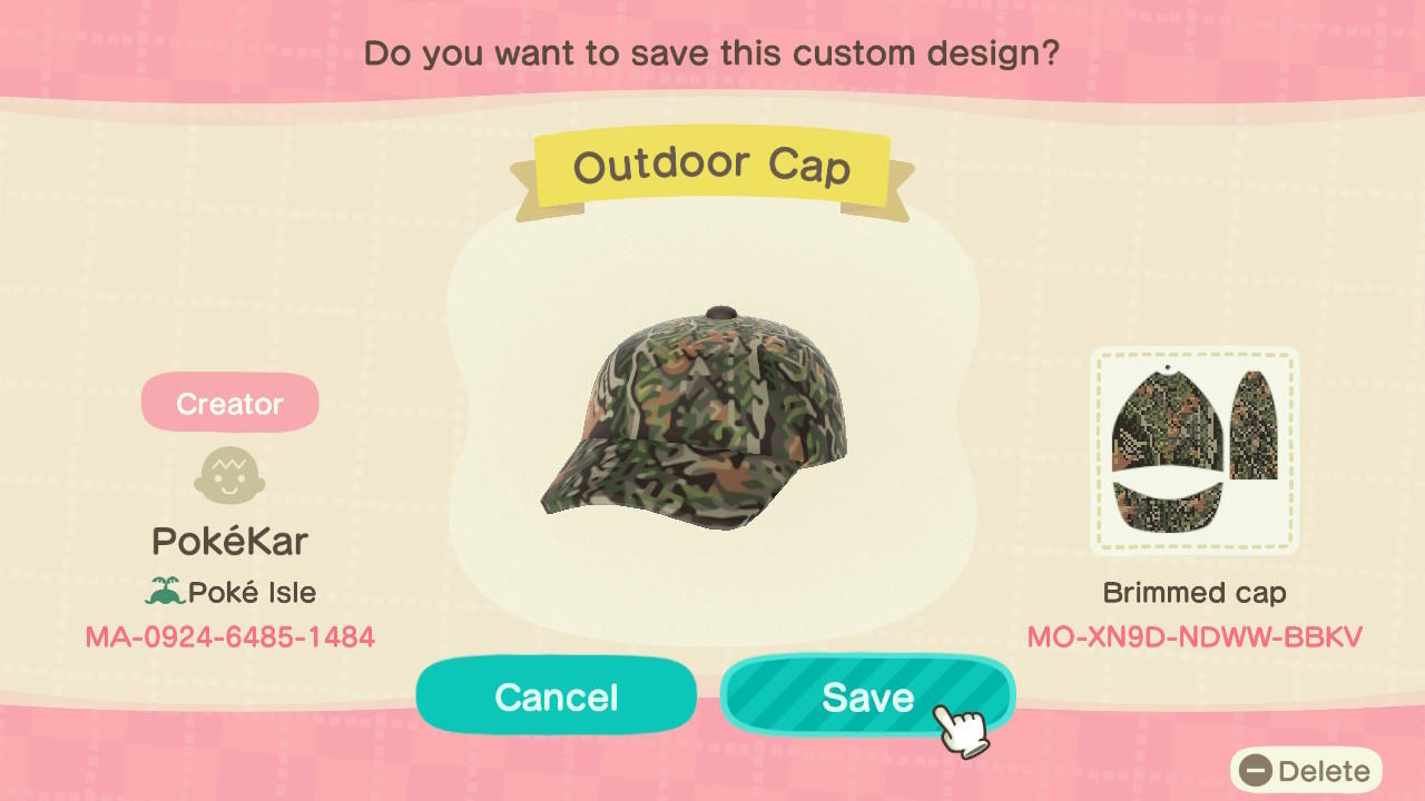 Animal Crossing Design Code: MO-XN9D-NDWW-BBKV Camo Outdoor Hat