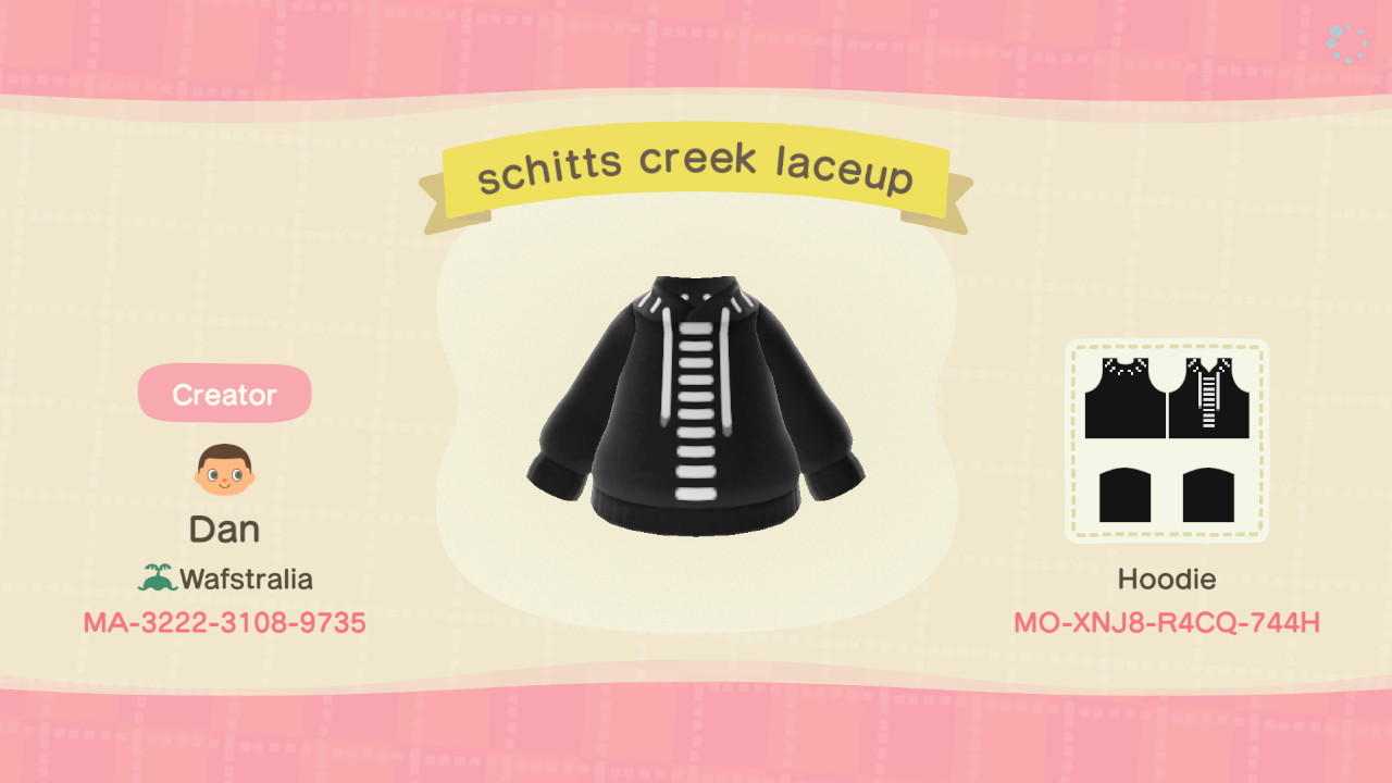 Animal Crossing Design Code: MO-XNJ8-R4CQ-744H Schitts Creek Laceup