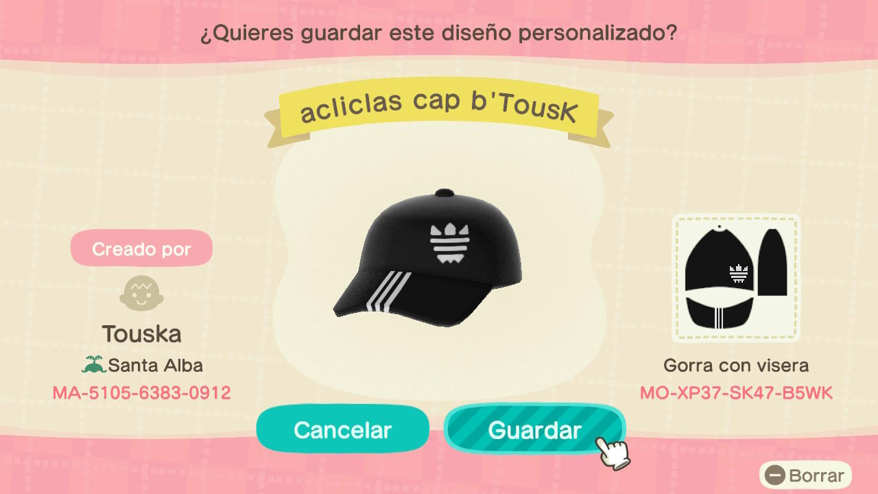 Animal Crossing Design Code: MO-XP37-SK47-B5WK acliclas cap