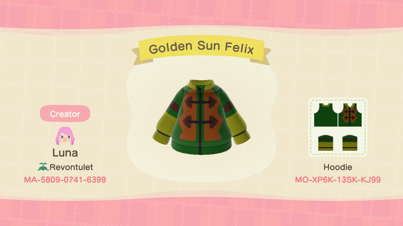 Animal Crossing Design Code: MO-XP6K-13SK-KJ99 Golden Sun Felix