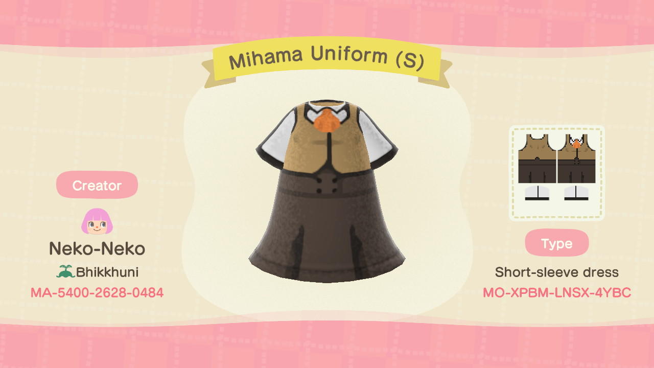Animal Crossing Design Code: MO-XPBM-LNSX-4YBC Mihama Uniform (S)