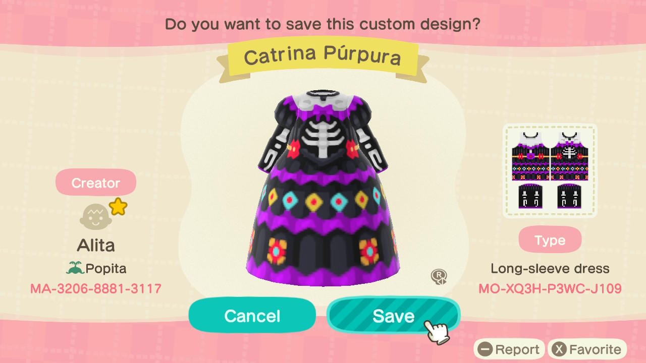 Animal Crossing Design Code: MO-XQ3H-P3WC-J109 Catrina Púrpura