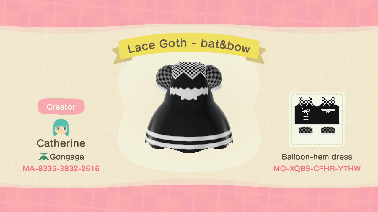 Animal Crossing Design Code: MO-XQB9-CFHR-YTHW Lace Goth - Bat&Bow