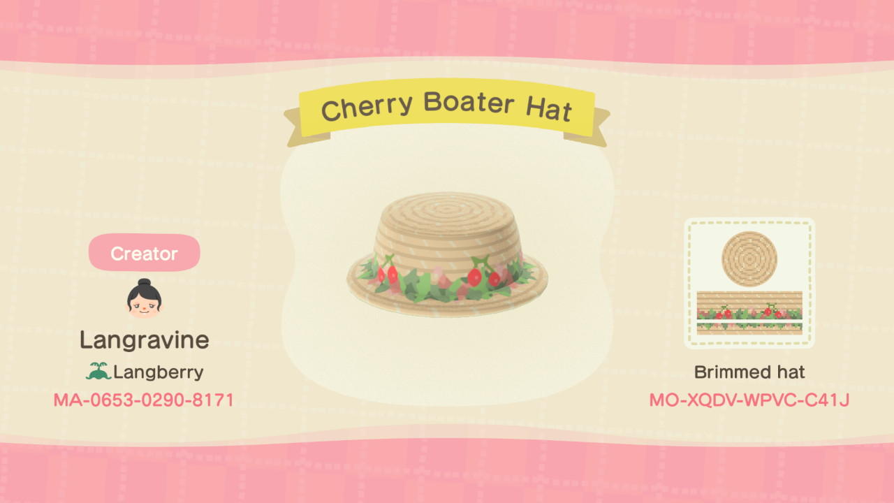 Animal Crossing Design Code: MO-XQDV-WPVC-C41J Cherry Boater Hat