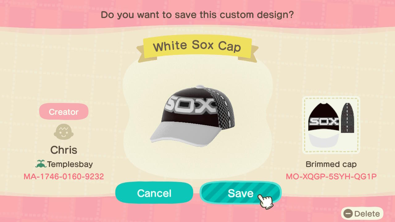 Animal Crossing Design Code: MO-XQGP-5SYH-QG1P White Sox Cap
