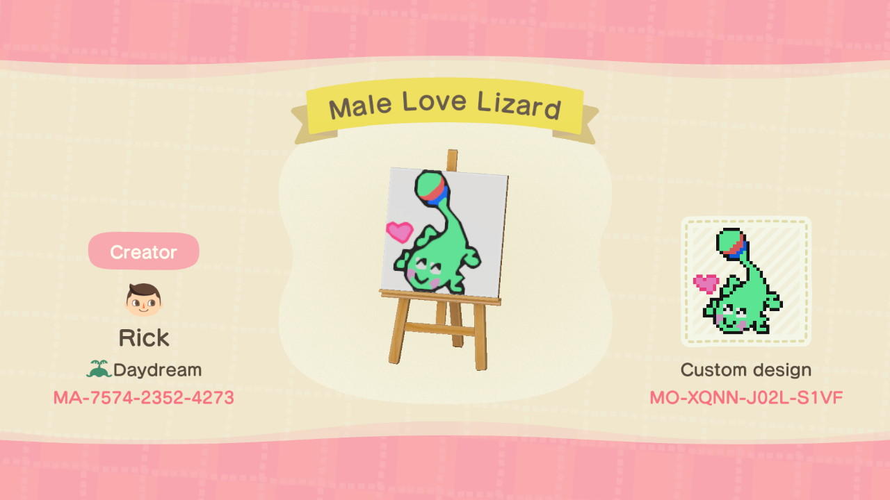 Animal Crossing Design Code: MO-XQNN-J02L-S1VF Male Love Lizard