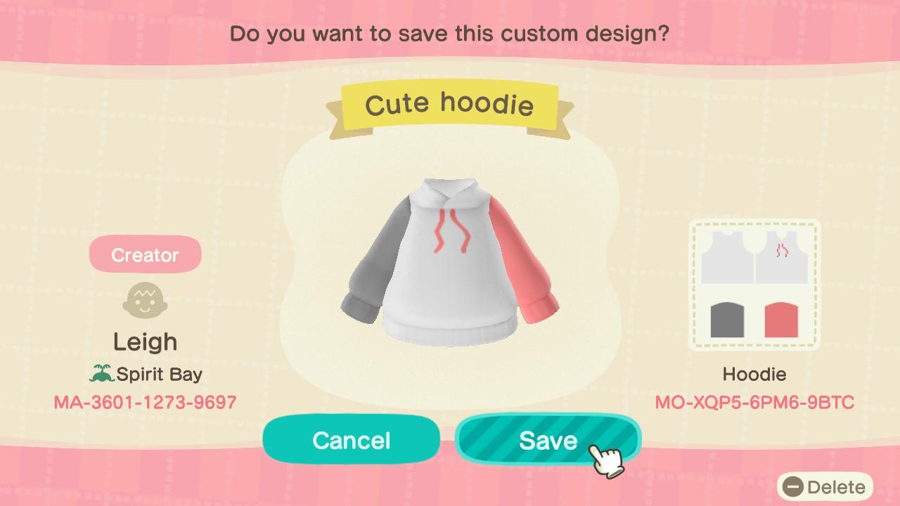 Animal Crossing Design Code: MO-XQP5-6PM5-9BTC Cute hoodie