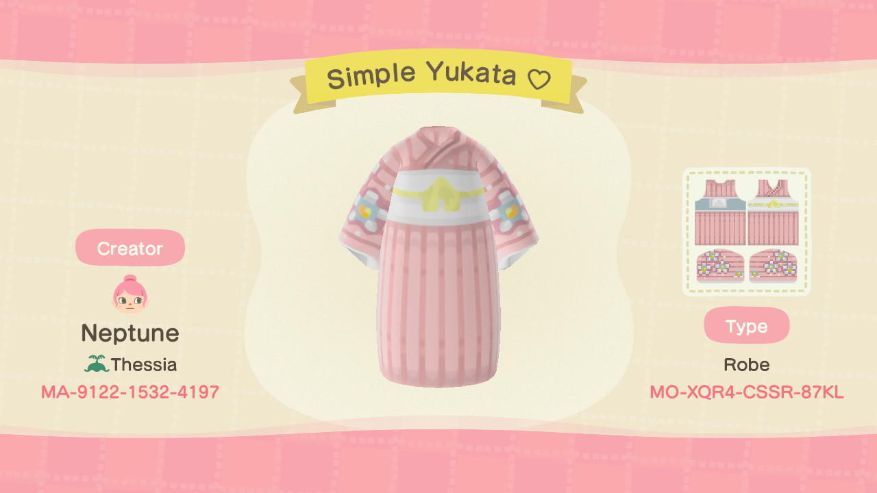 Animal Crossing Design Code: MO-XQR4-CSSR-87KL Simple Yukata ♡