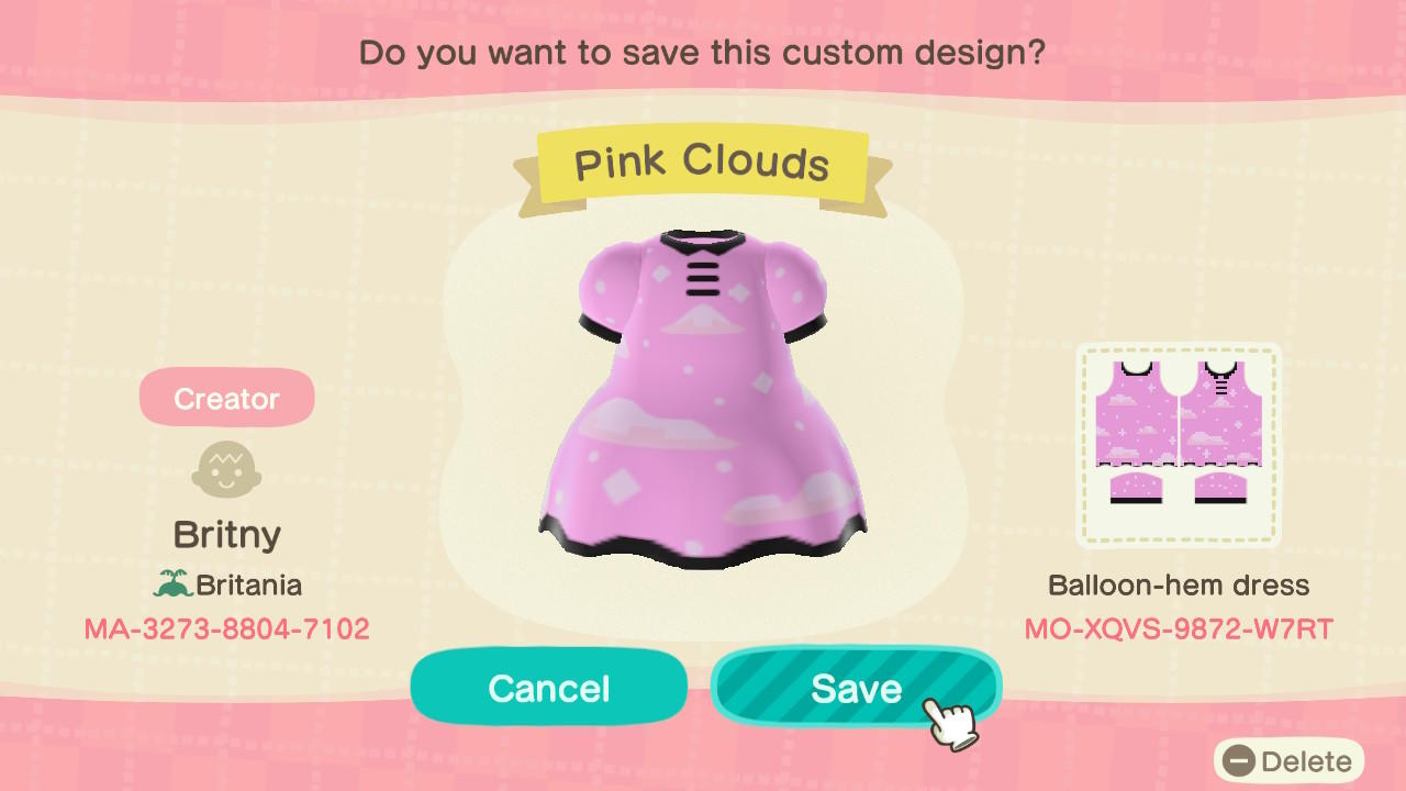 Animal Crossing Design Code: MO-XQVS-9872-W7RT Pink Clouds