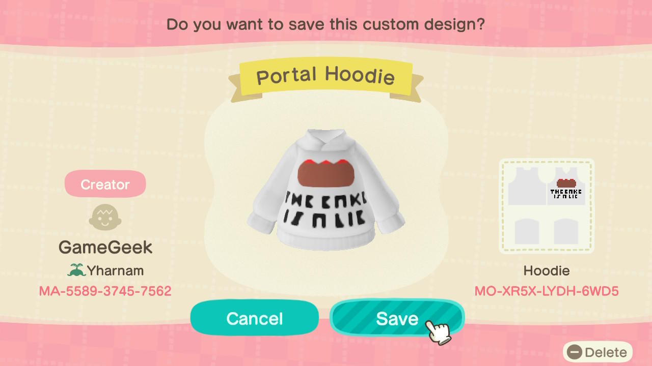 Animal Crossing Design Code: MO-XR5X-LYDH-6WD5 Portal Hoodie