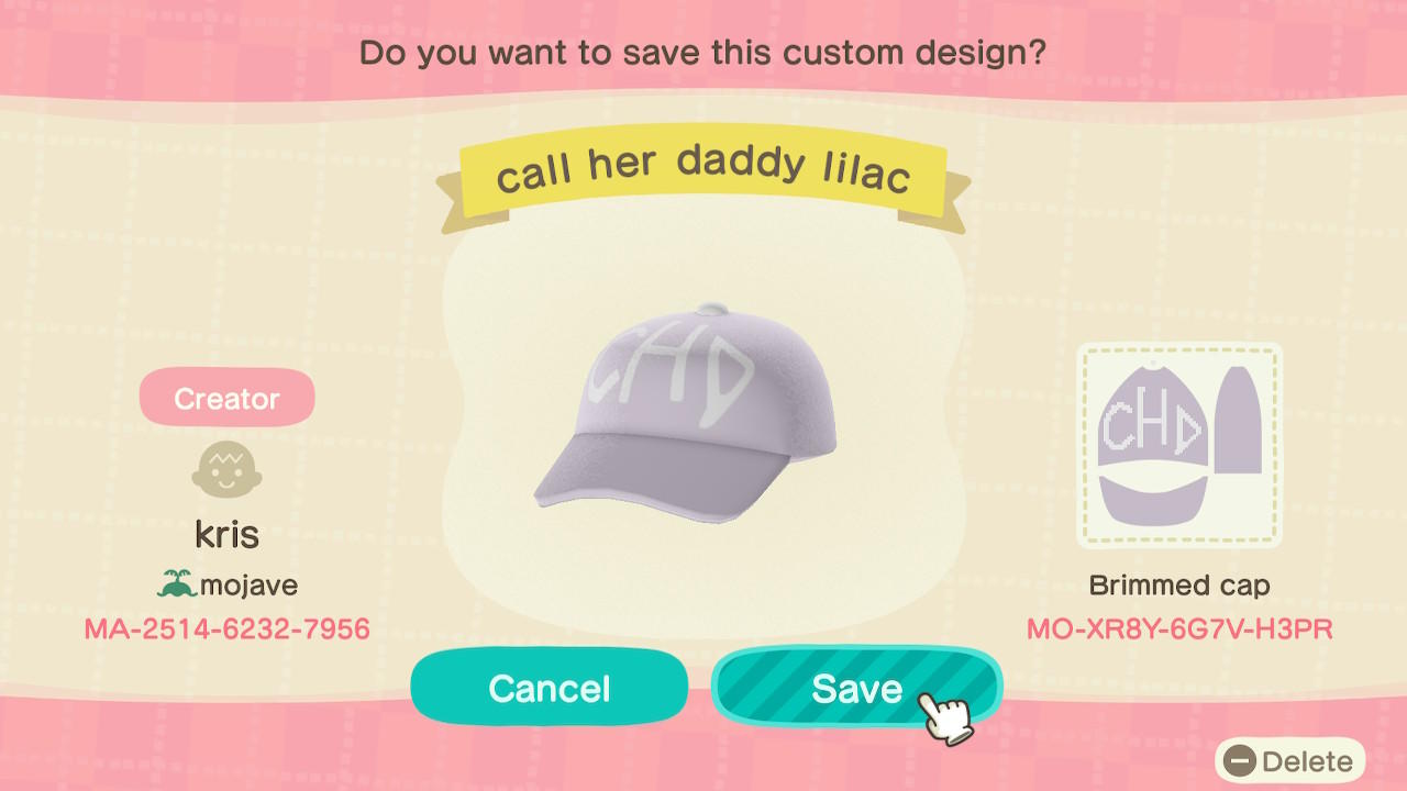 Animal Crossing Design Code: MO-XR8Y-6G7V-H3PR Call Her Daddy lilac