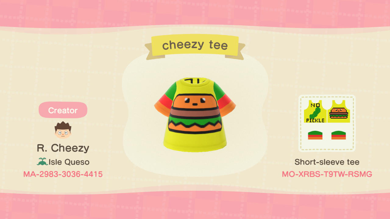 Animal Crossing Design Code: MO-XRBS-T9TW-RSMG cheezy tee
