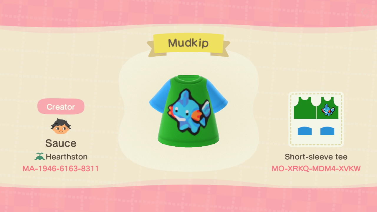 Animal Crossing Design Code: MO-XRKQ-MDM4-XVKW Mudkip Shirt