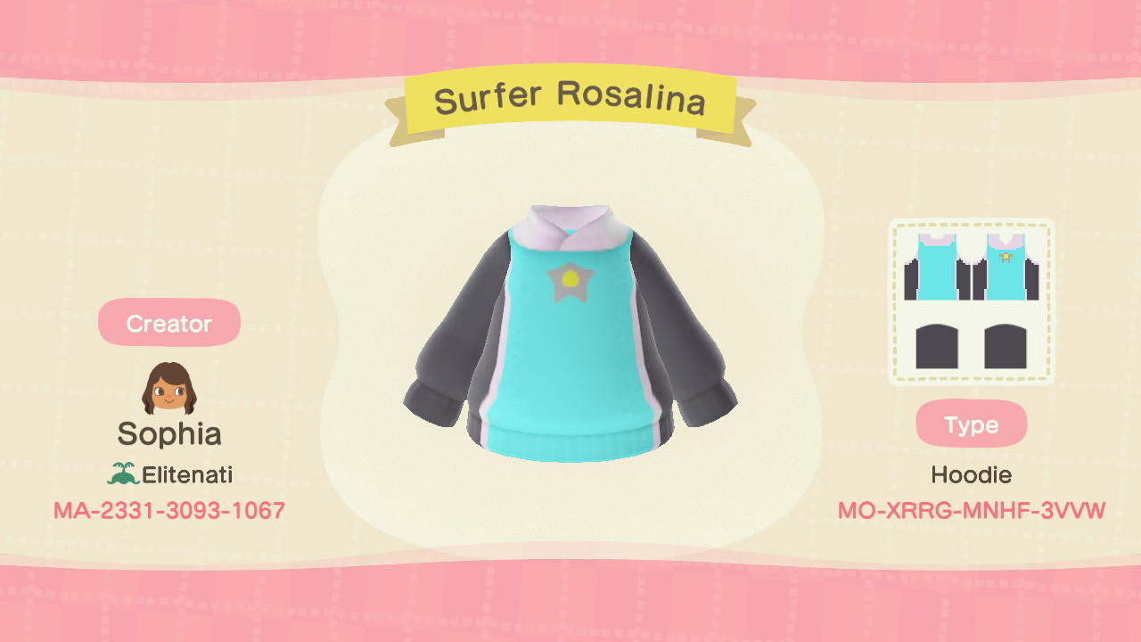 Animal Crossing Design Code: MO-XRRG-MNHF-3VVW Surfer Rosalina
