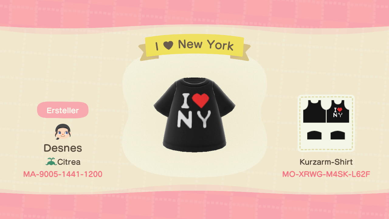 Animal Crossing Design Code: MO-XRWG-M4SK-L62F I love New York