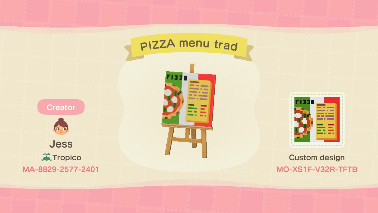Animal Crossing Design Code: MO-XS1F-V32R-TFTB Pizza Menu