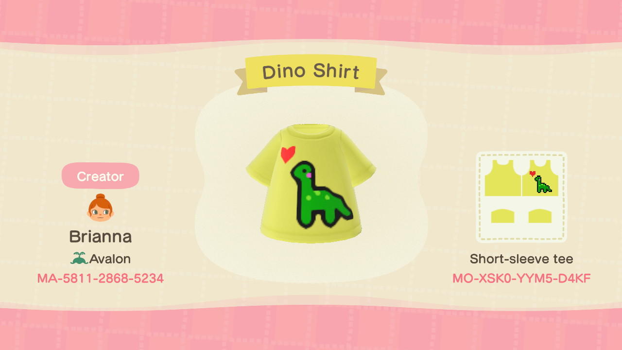 Animal Crossing Design Code: MO-XSKO-YYM5-D4KF Dino Shirt