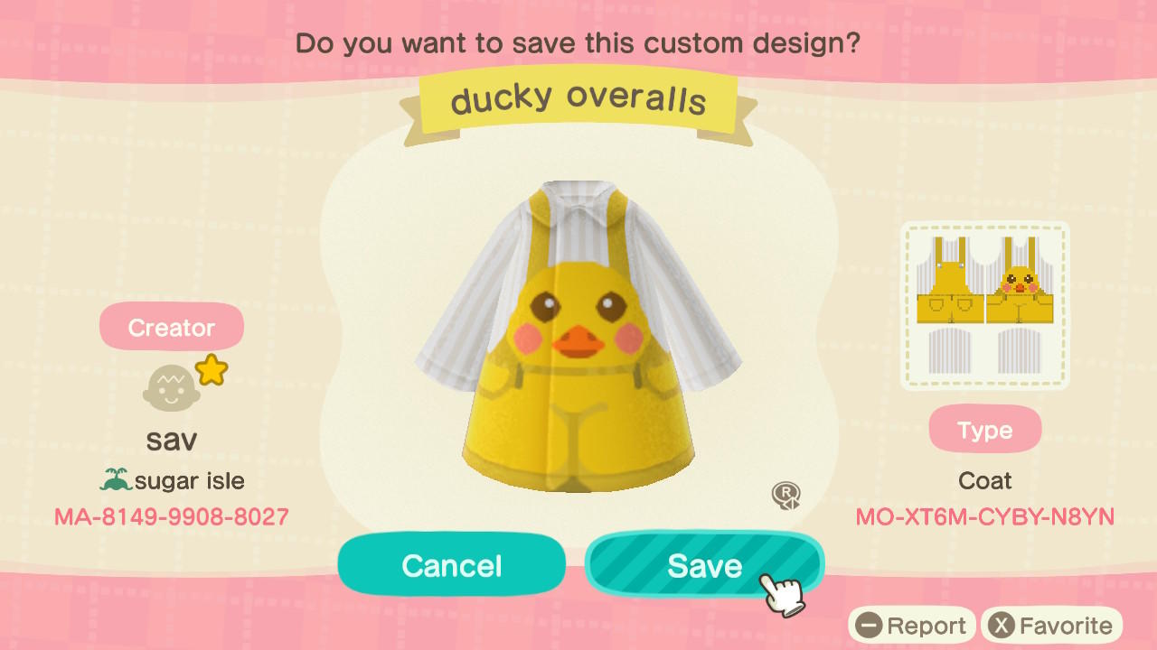 Animal Crossing Design Code: MO-XT6M-CYBY-N8YN Ducky Overalls