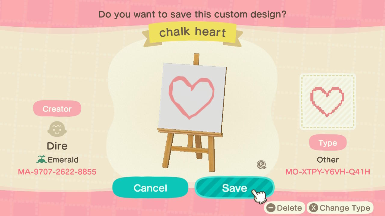 Animal Crossing Design Code: MO-XTPY-Y6VH-Q41H Chalk Heart