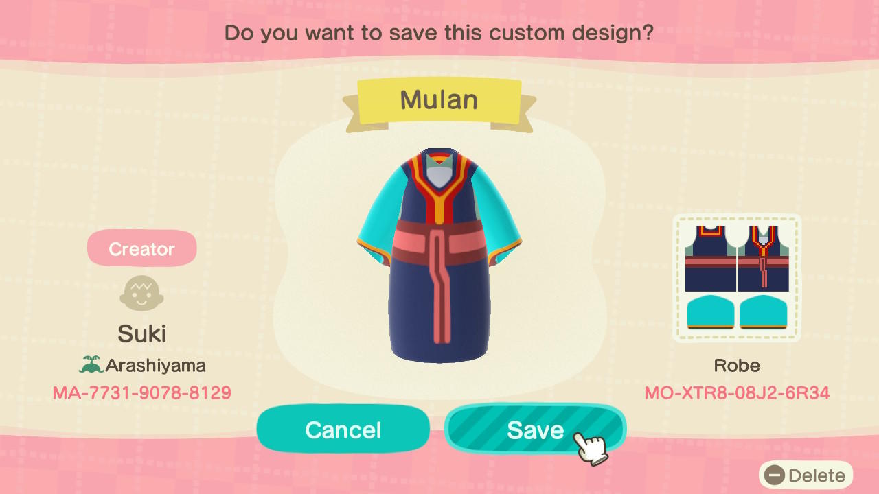 Animal Crossing Design Code: MO-XTR8-08J2-6R34 Mulan