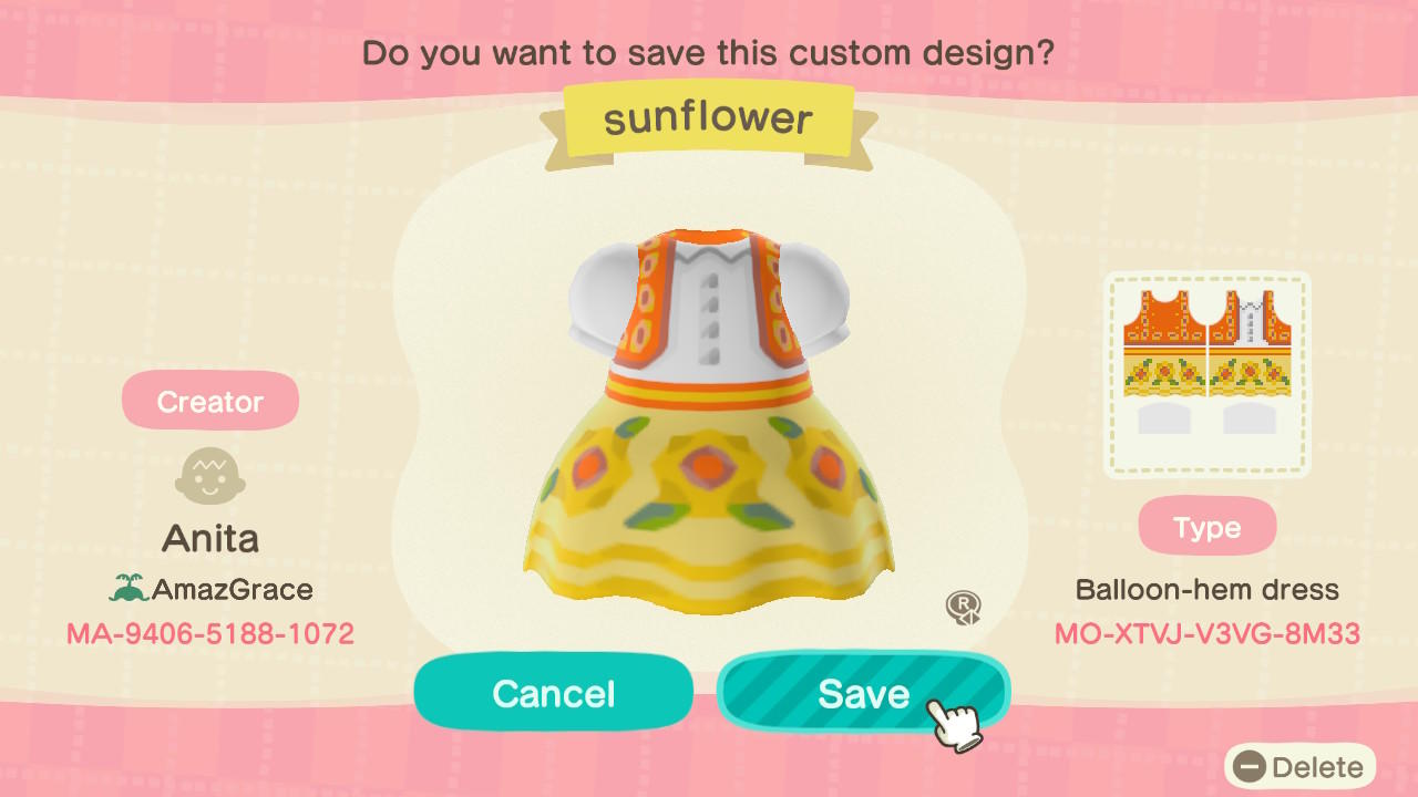 Animal Crossing Design Code: MO-XTVJ-V3VG-8M33 Sunflower