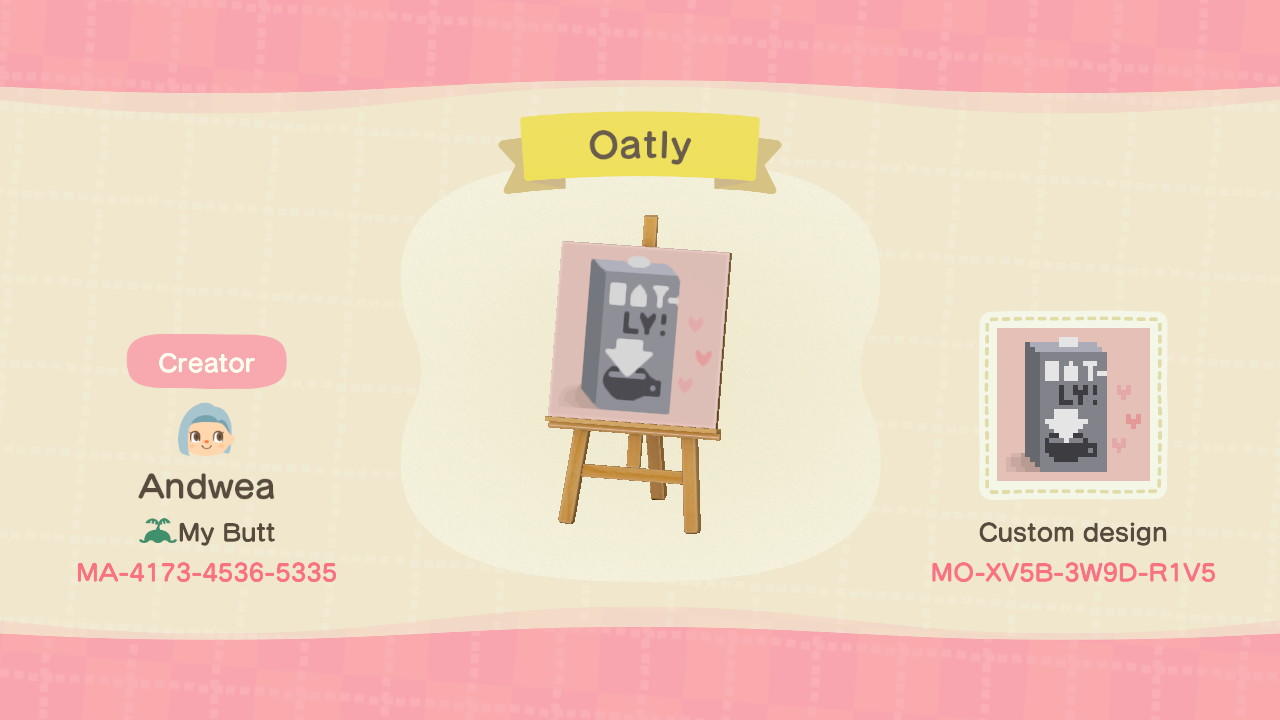 Animal Crossing Design Code: MO-XV5B-3W9D-R1V5 Oatly