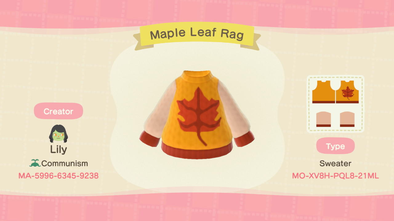Animal Crossing Design Code: MO-XV8H-PQL8-21ML Maple Leaf Rag