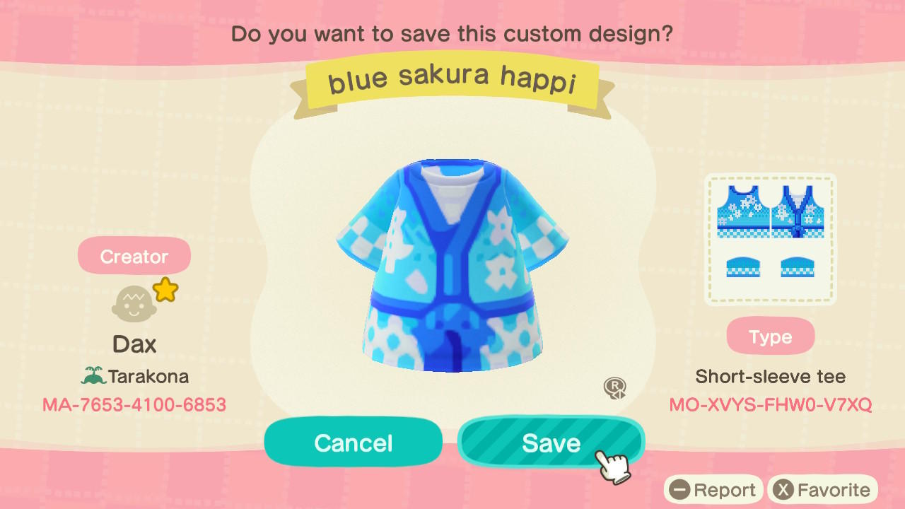 Animal Crossing Design Code: MO-XVYS-FHW0-V7XQ Blue Sakura Happi