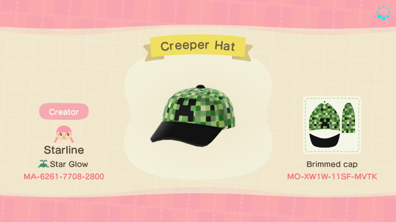 Animal Crossing Design Code: MO-XW1W-11SF-MVTK Creeper Hat