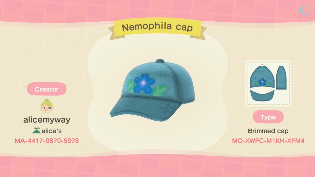 Animal Crossing Design Code: MO-XWFC-M1KH-XFM4 Nemophila cap