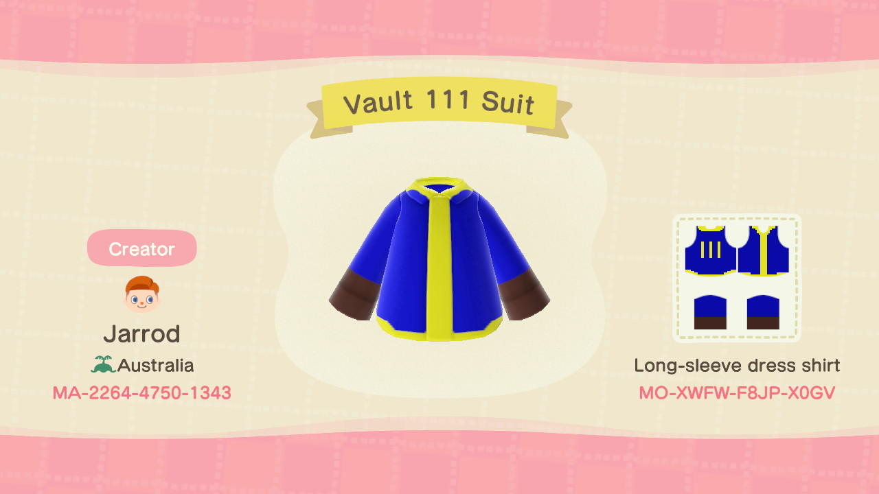 Animal Crossing Design Code: MO-XWFW-F8JP-X0GV Vault 111 suit