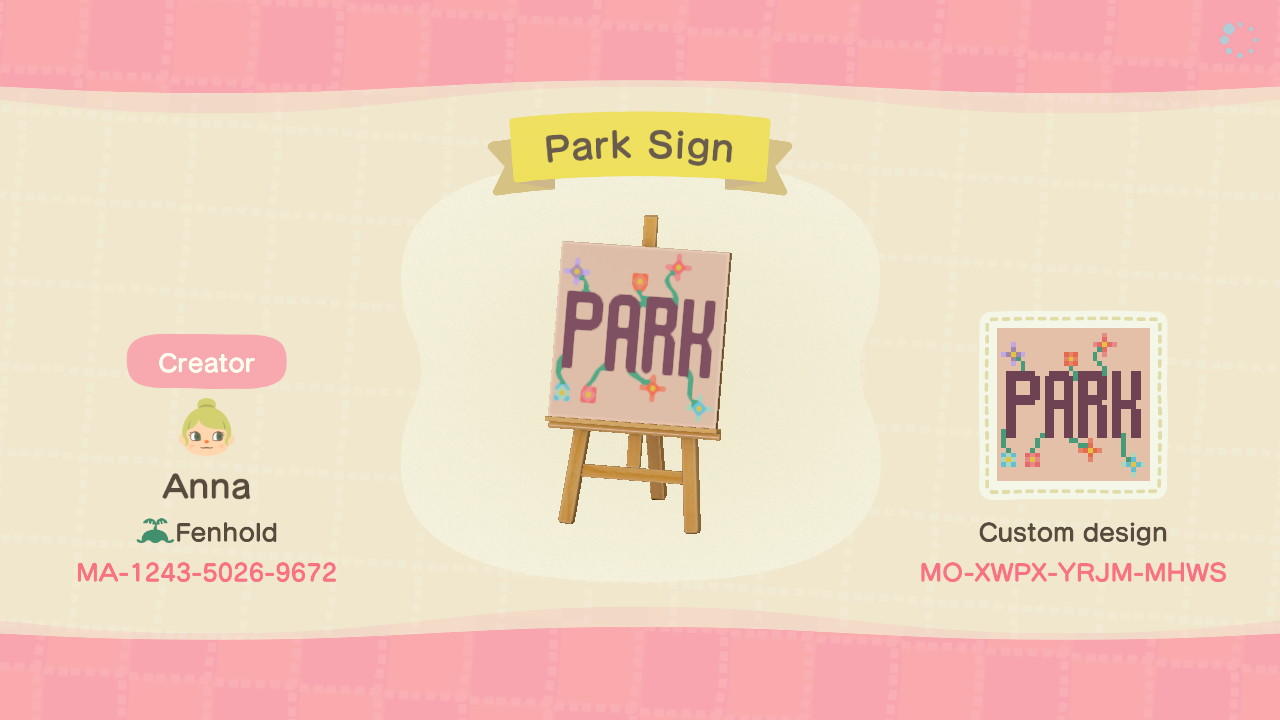 Animal Crossing Design Code: MO-XWPX-YRJM-MHWS Park Sign