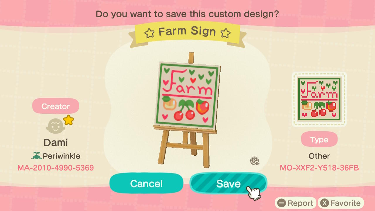 Animal Crossing Design Code: MO-XXF2-Y518-36FB Fruit Farm Sign