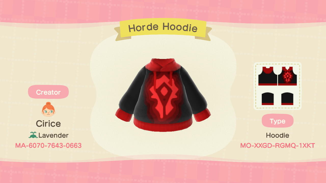 Animal Crossing Design Code: MO-XXGD-RGMQ-1XKT Horde Hoodie