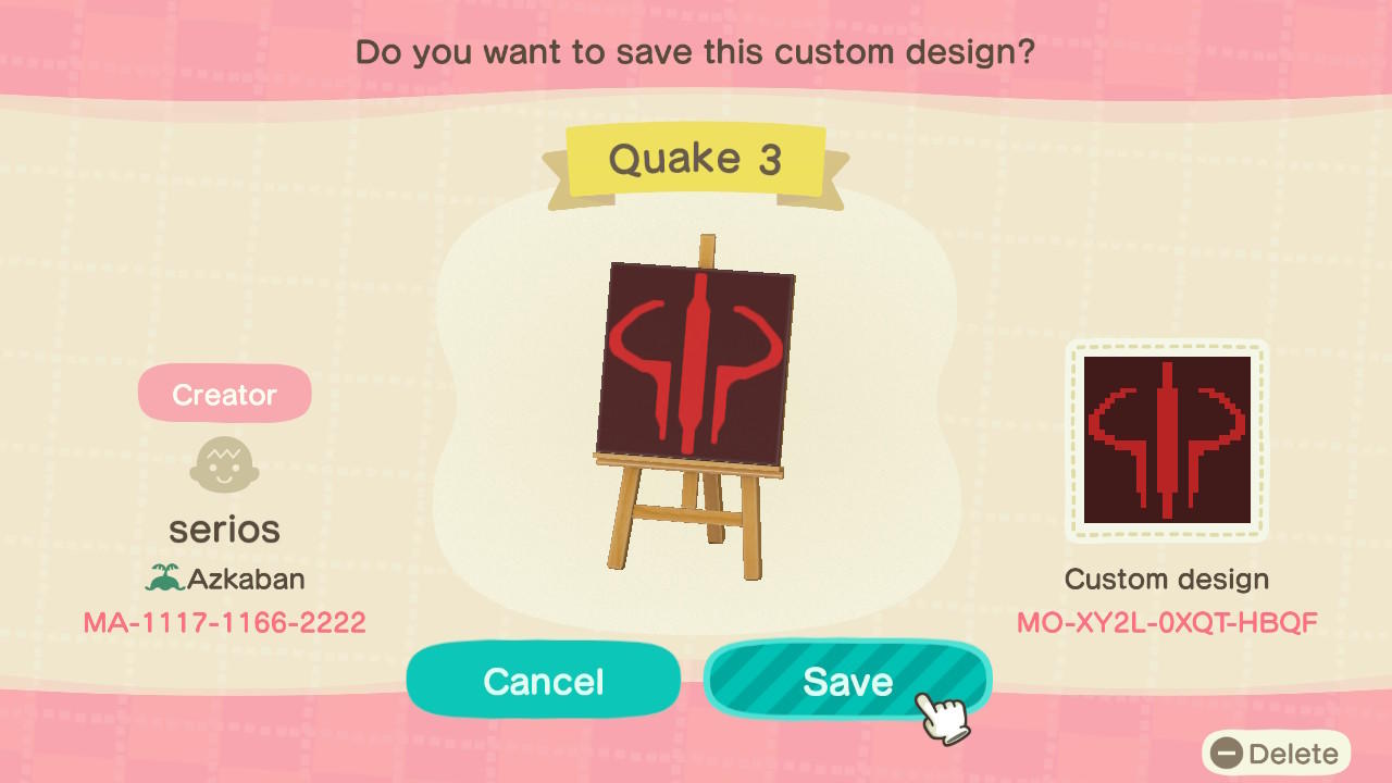Animal Crossing Design Code: MO-XY2L-0XQT-HBQF Quake 3