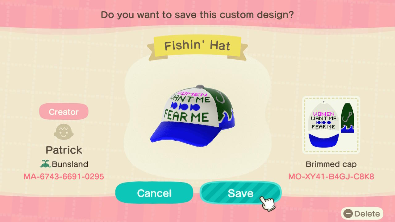 Animal Crossing Design Code: MO-XY41-B4GJ-C8K8 Fishin&#39; Hat