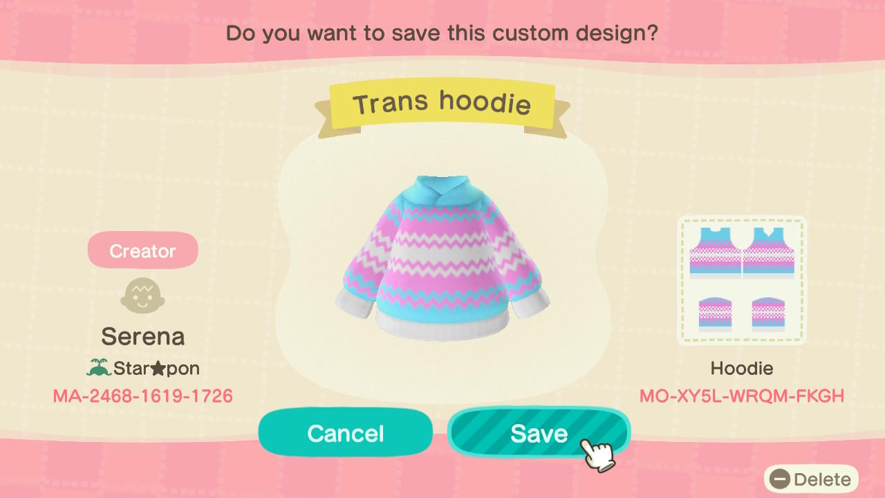 Animal Crossing Design Code: MO-XY5L-WRQM-FKGH Trans Hoodie