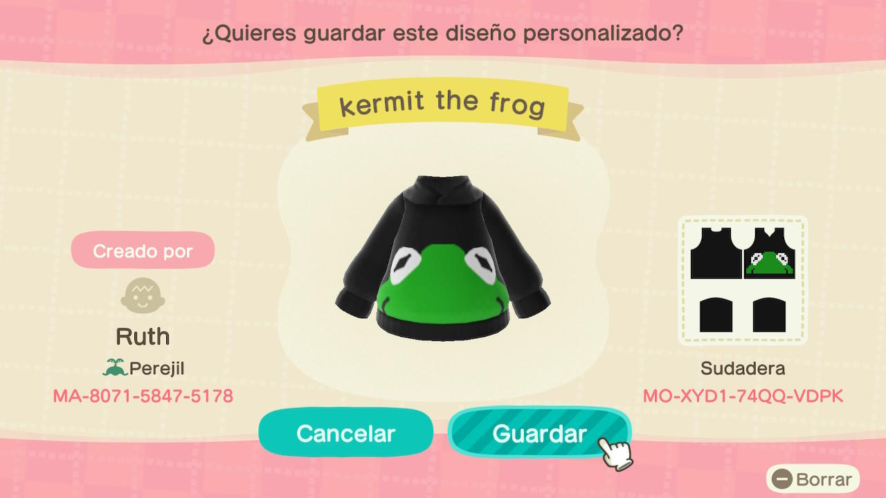 Animal Crossing Design Code: MO-XYD1-74QQ-VDPK Kermit The Frog