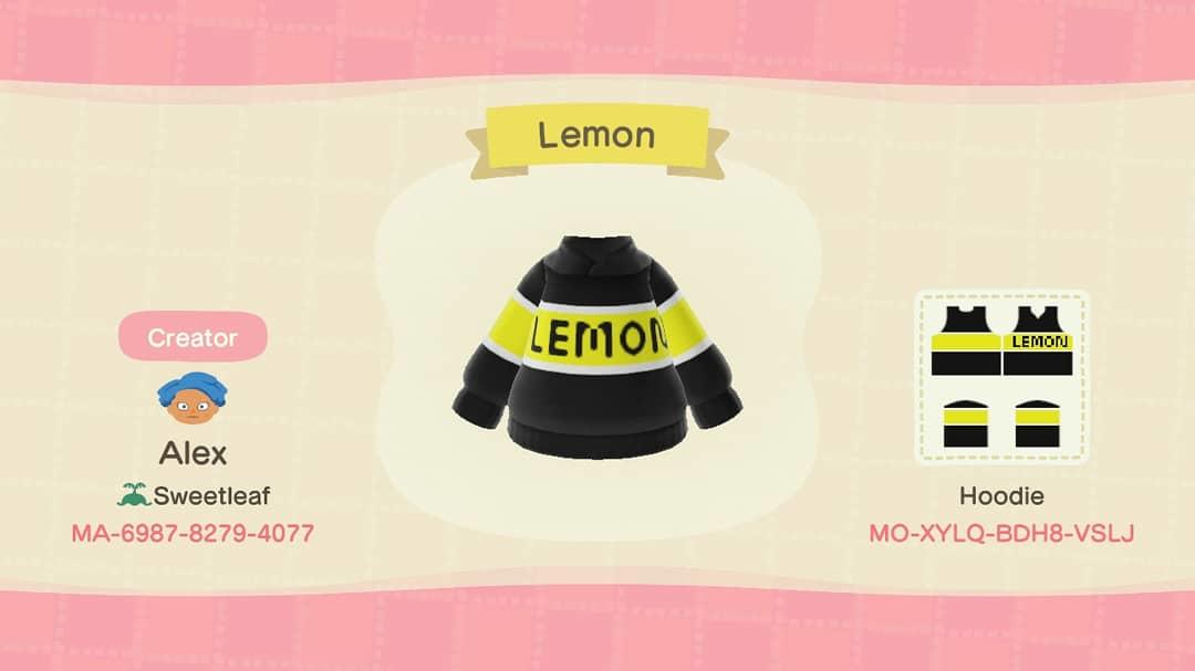 Animal Crossing Design Code: MO-XYLQ-BDH8-VSLJ Lemon Hoodie