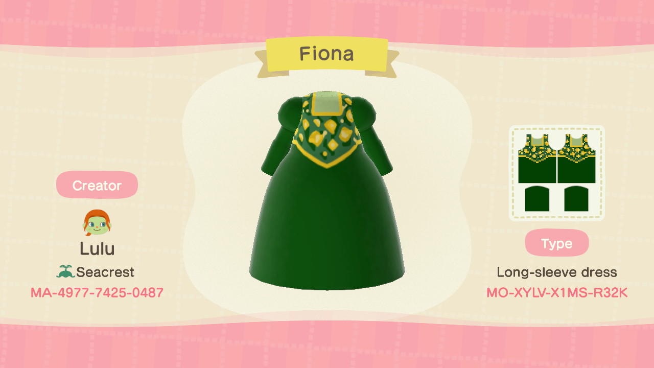 Animal Crossing Design Code: MO-XYLV-X1MS-R32K Fiona Dress