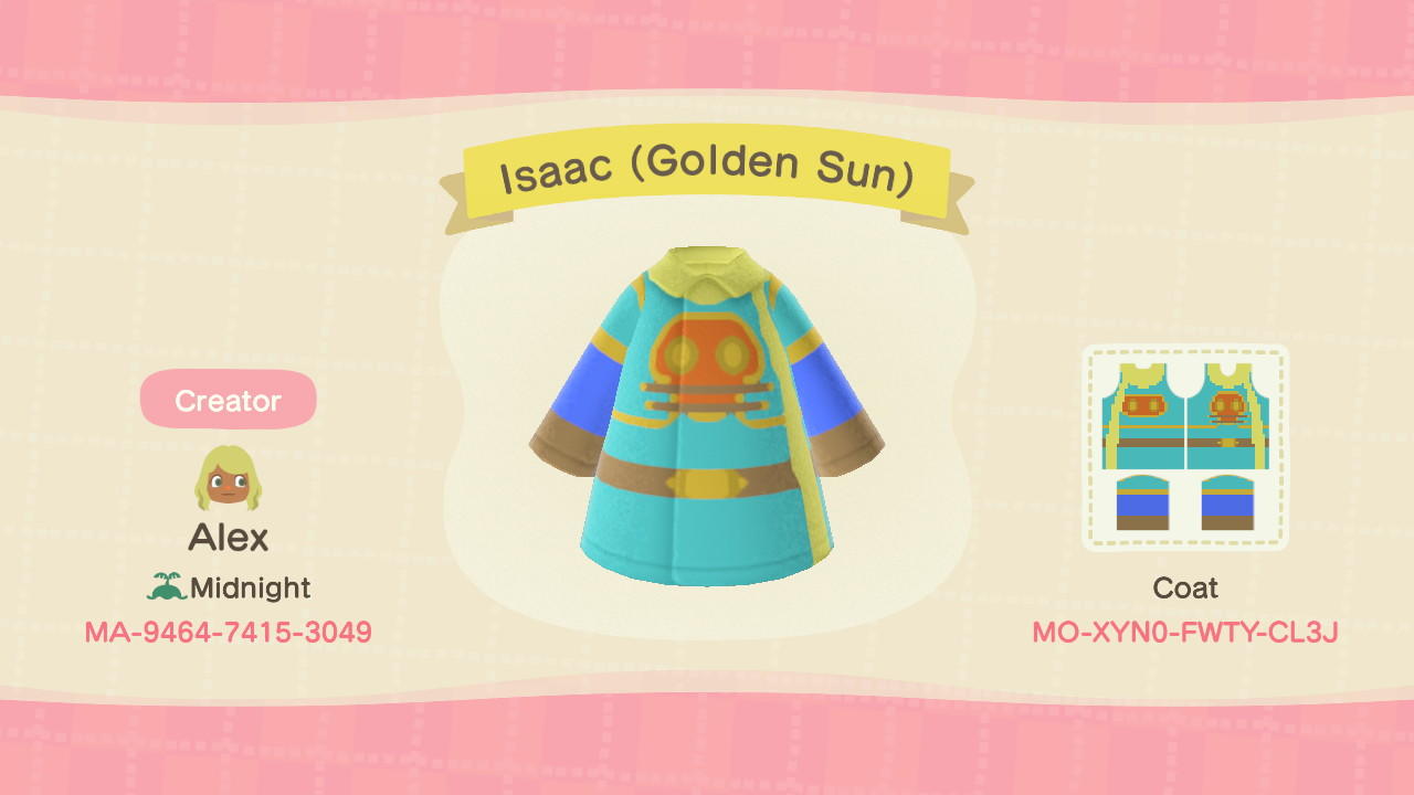 Animal Crossing Design Code: MO-XYN0-FWTY-CL3J Isaac (Golden Sun)