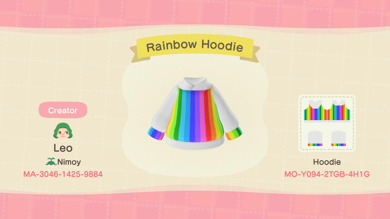 Animal Crossing Design Code: MO-Y094-2TGB-4HIG Rainbow Hoodie