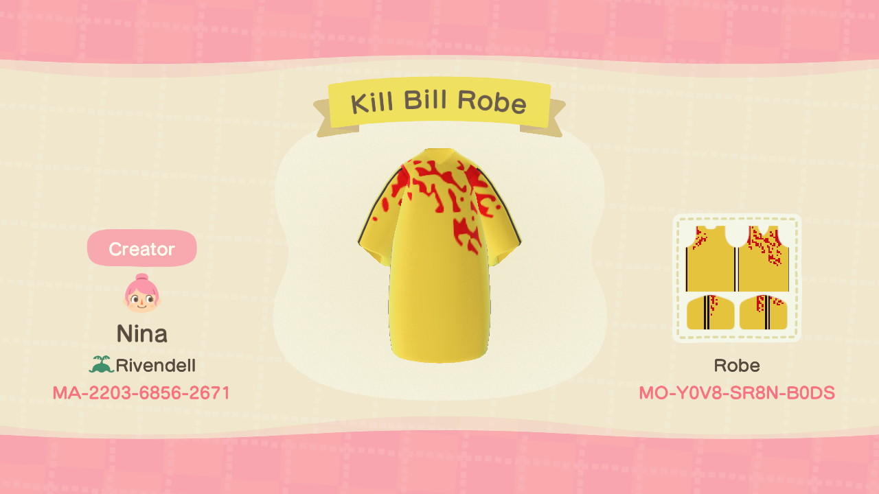 Animal Crossing Design Code: MO-Y0V8-SR8N-B0DS Kill Bill Robe