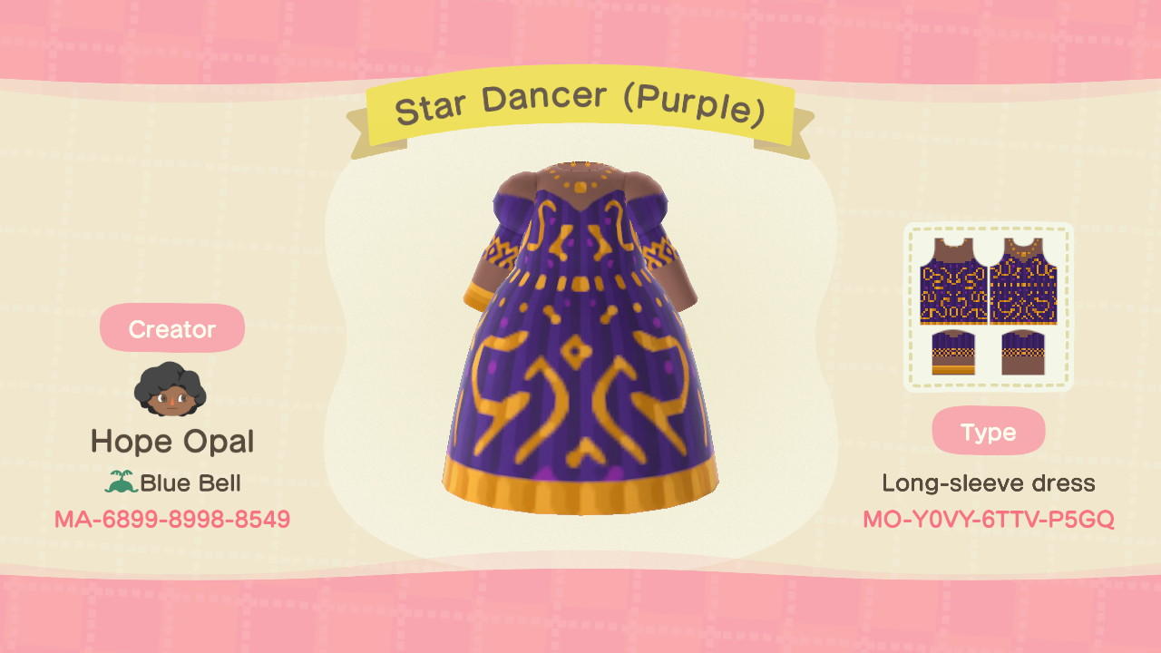 Animal Crossing Design Code: MO-Y0VY-6TTV-P5GQ Star Dancer (Purple)